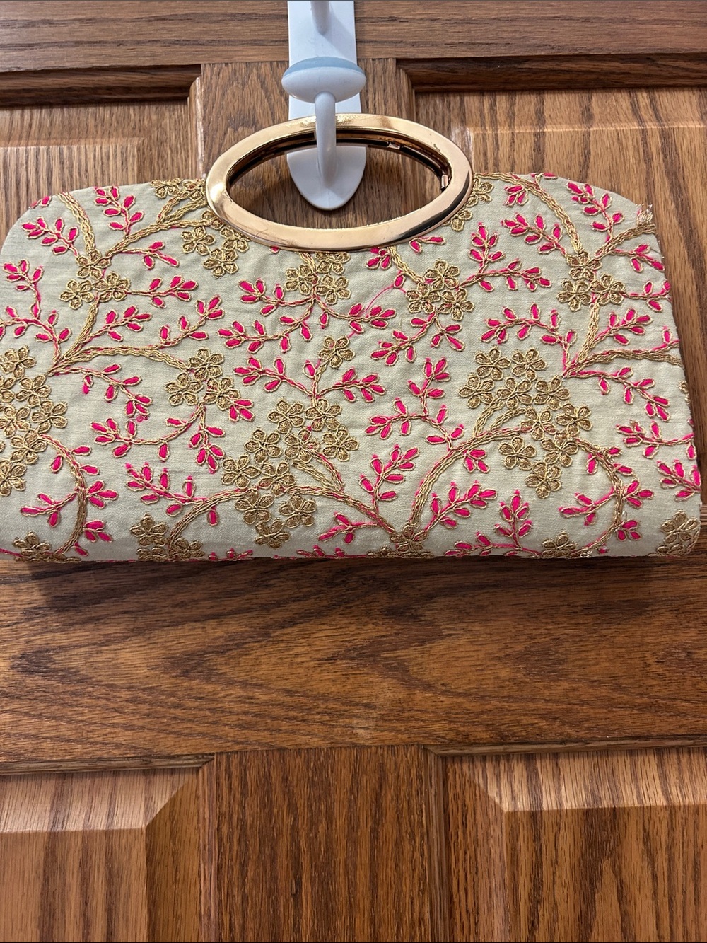 Vintage Embroidered Ivory and Pink Evening Clutch with Gold Handle image 2